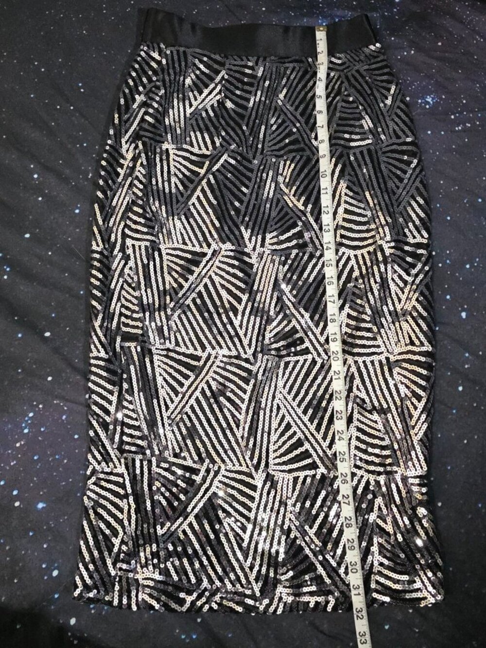 Gracia Size M Black Silver Sequin Art Deco Gatsby Midi Skirt Glam Cocktail Party - Picture 11 of 11